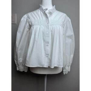Zara White Cotton Eyelet Lace Ruffle Collar Puff Sleeve Blouse XL Victorian